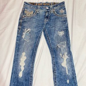 Demin rock revival ripped blue jeans slim fit